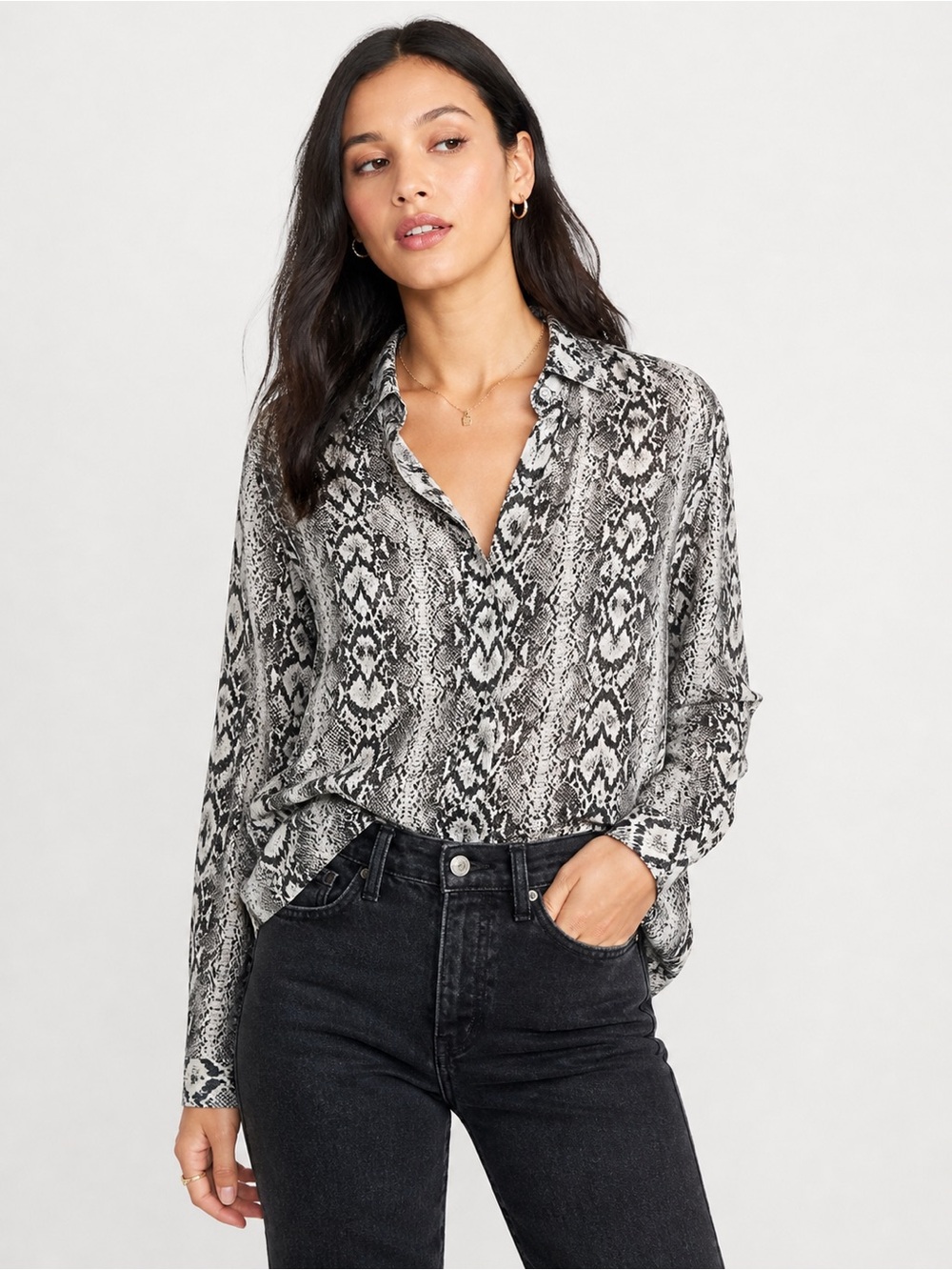 H&M Snake Print Button-Down Shirt - Black, Gray Rayon-Edgy Chic- Size 8